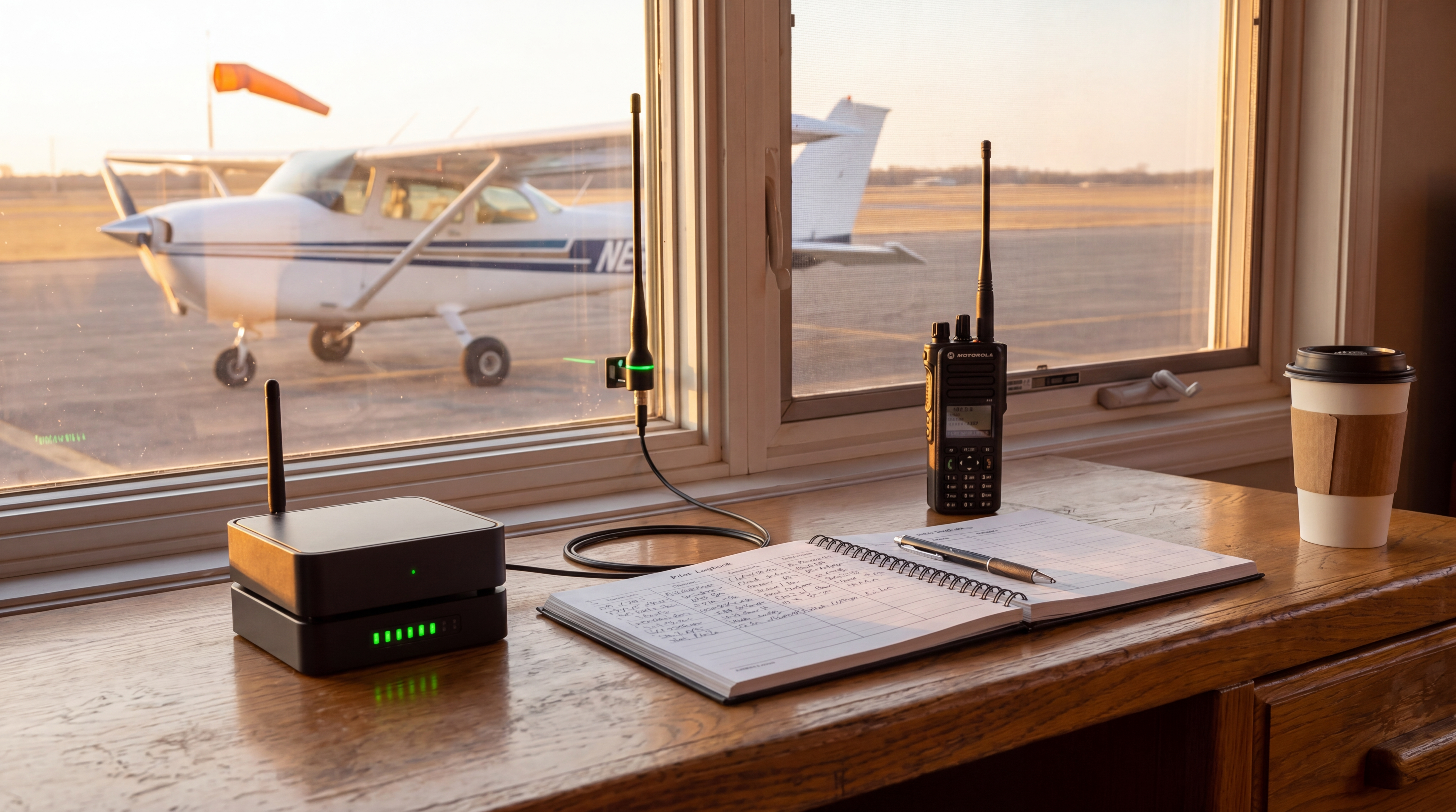 Receiver beside an airport office window